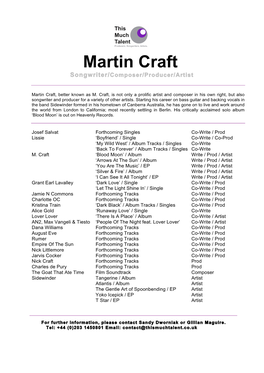 Martin Craft Songwriter/Composer/Producer/Artist