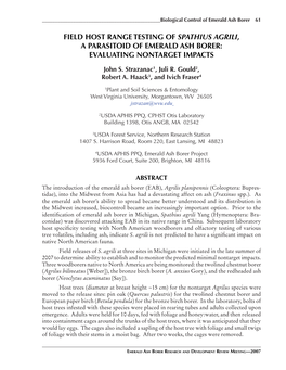 Field Host Range Testing of Spathius Agrili, a Parasitoid of Emerald Ash Borer: Evaluating Nontarget Impacts