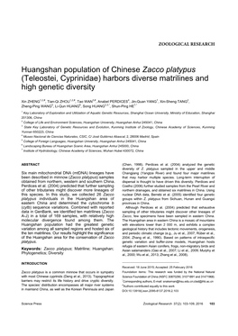 Huangshan Population of Chinese Zacco Platypus (Teleostei, Cyprinidae) Harbors Diverse Matrilines and High Genetic Diversity