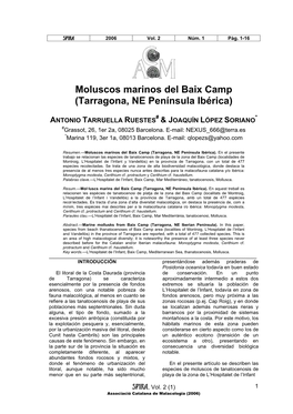 Moluscos Marinos Del Baix Camp (Tarragona, NE Península Ibérica)