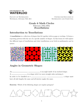 Grade 6 Math Circles Tessellations Introduction To