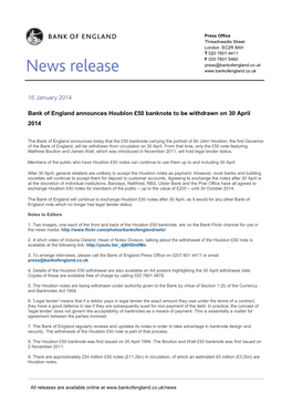 Bank of England Announces Houblon £50 Banknote to Be Withdrawn on 30 April 2014