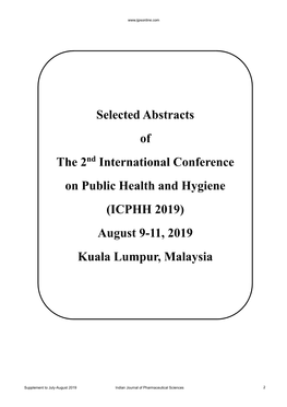 (ICPHH 2019) August 9-11, 2019 Kuala Lumpur, Malaysia