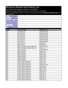 Miniature Market GW Product List Free UPS Ground Shipping on All Orders Over $99.00! Shipments Going to Alaska, Hawaii, Or to a P.O