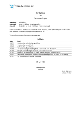 Innkalling Og Saksliste Til Møtet 05.05.2021