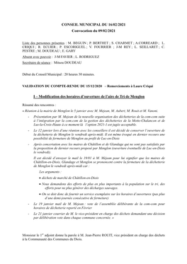 CONSEIL MUNICIPAL DU 16/02/2021 Convocation Du 09/02/2021 I