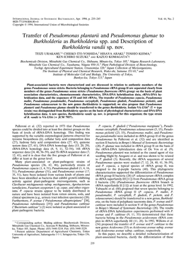 Transfer of Pseudomonas Plantarii and Pseudomonas Glumae to Burkholderia As Burkholderia Spp