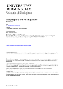 University of Birmingham the People's Critical Linguistics