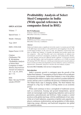 Profitability Analysis of Select Steel Companies in India (With Special Reference to OPEN ACCESS Companies Listed in BSE)