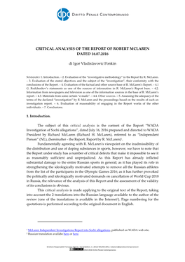 Critical Analysis of the Report of Robert Mclaren Dated 16.07.2016