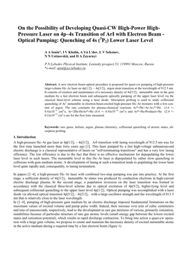Pressure Laser on 4P–4S Transition of Ari with Electron Beam - 3 Optical Pumping: Quenching of 4S ( P2) Lower Laser Level