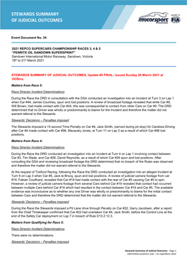 Stewards Summary of Judicial Outcomes