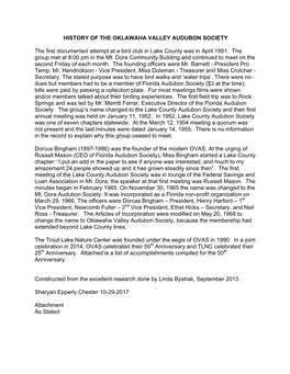 HISTORY of the OKLAWAHA VALLEY AUDUBON SOCIETY the First Documented Attempt at a Bird Club in Lake County Was in April 1951. Th