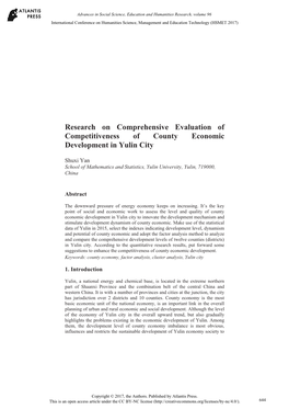 Research on Comprehensive Evaluation of Competitiveness of County Economic Development in Yulin City