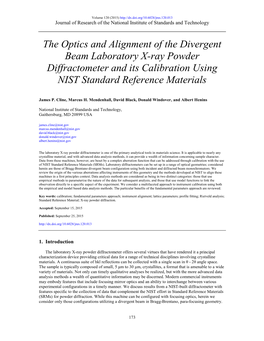 The Optics and Alignment of the Divergent Beam Laboratory X-Ray Powder Diffractometer and Its Calibration Using NIST Standard Reference Materials