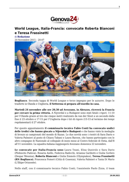 World League, Italia-Francia: Convocate Roberta Bianconi E Teresa Frassinetti Di Redazione 20 Novembre 2015 – 20:07