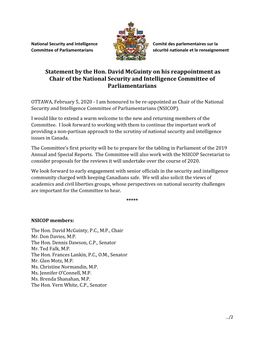 Statement by the Hon. David Mcguinty on His Reappointment As Chair of the National Security and Intelligence Committee of Parliamentarians