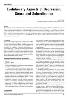 Evolutionary Aspects of Depression, Stress and Subordination