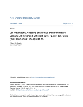 Lee Fratantuono, a Reading of Lucretius' De Rerum Natura. Lanham, MD