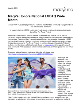 Macy's Honors National LGBTQ Pride Month