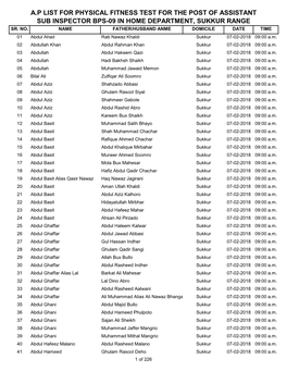 A.P List for Physical Fitness Test for the Post of Assistant Sub Inspector Bps-09 in Home Department, Sukkur Range Sr