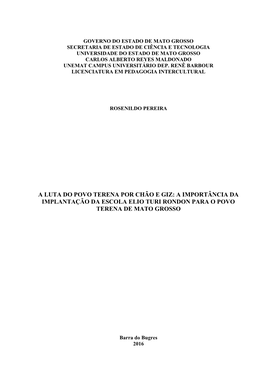 A Importância Da Implantação Da Escola Elio Turi Rondon Para O Povo Terena De Mato Grosso