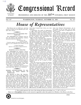 Congressional Record United States of America PROCEEDINGS and DEBATES of the 107Th CONGRESS, FIRST SESSION