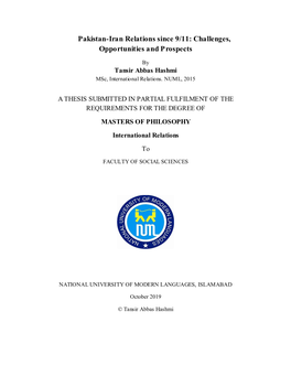 Pakistan-Iran Relations Since 9/11: Challenges, Opportunities and Prospects