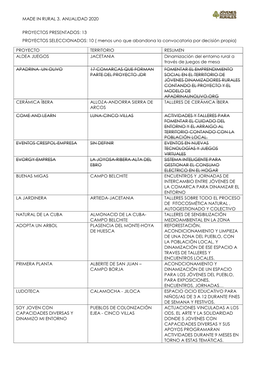 13 PROYECTOS SELECCIONADOS: 10 ( Menos Uno Que Abandona La Convocatoria Por Decisión Propia)