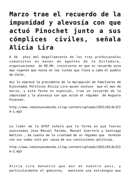 Marzo Trae El Recuerdo De La Impunidad Y Alevosía Con Que Actuó Pinochet Junto a Sus Cómplices Civiles, Señala Alicia Lira