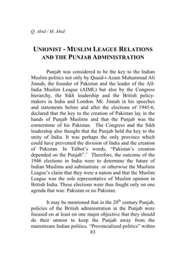 Unionist - Muslim League Relations and the Punjab Administration