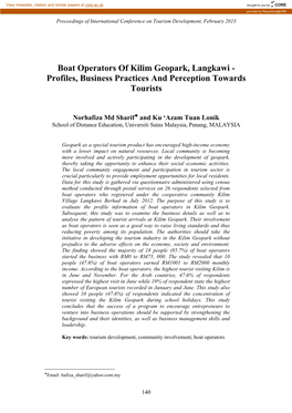 Boat Operators of Kilim Geopark, Langkawi - Profiles, Business Practices and Perception Towards Tourists