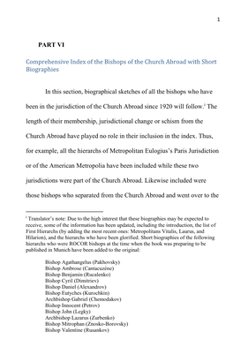 PART VI Comprehensive Index of the Bishops of the Church Abroad with Short Biographies in This Section, Biographical Sketches Of