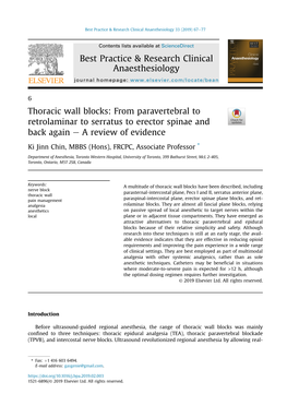 Thoracic Wall Blocks: from Paravertebral to Retrolaminar to Serratus to Erector Spinae and Back Again E a Review of Evidence