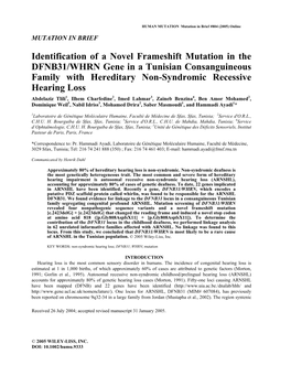 Identification of a Novel Frameshift Mutation in the DFNB31/WHRN