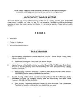 Notice of City Council Meeting a G E N