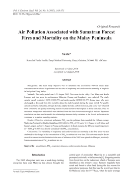 Air Pollution Associated with Sumatran Forest Fires and Mortality on the Malay Peninsula