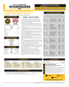 PITTSBURGH RIVERHOUNDS SC (0-2-1) 2021 SCHEDULE & RECORD at NEW YORK RED BULLS II (1-2-2) Friday, May 28 >> 7 P.M