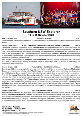 Southern NSW Explorer 19 to 25 October 2020
