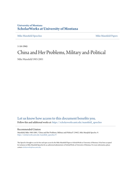 China and Her Problems, Military And-Political Mike Mansfield 1903-2001