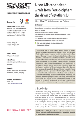 A New Miocene Baleen Whale from Peru Deciphers Rsos.Royalsocietypublishing.Org the Dawn of Cetotheriids