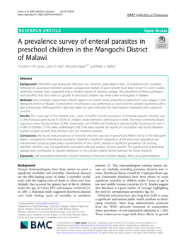 A Prevalence Survey of Enteral Parasites in Preschool Children in the Mangochi District of Malawi Timothy P