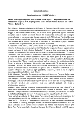 Comunicato Stampa Castelporziano Per I 10.000 Tricolore Sabato 14 Maggio L'impianto Delle Fiamme Gialle Ospita I Campionati Ital