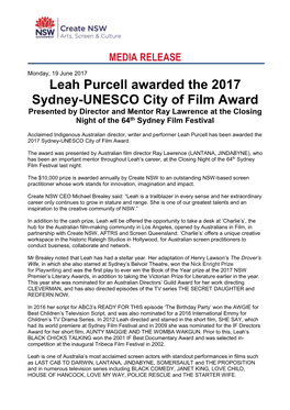 Leah Purcell Awarded the Sucof Media Release 2