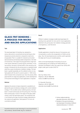 GLASS FRIT BONDING – a PROCESS for MICRO Different Irradiation Strategies Enable Laser-Based Glass Frit Bonding to Be Used Both for Micro and for Macro Applications