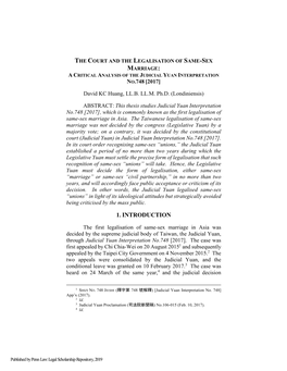 The Court and the Legalisation of Same-Sex Marriage: a Critical Analysis of the Judicial Yuan Interpretation No.748 [2017]