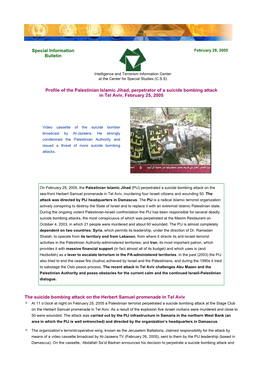 Special Information Bulletin Profile of the Palestinian Islamic Jihad