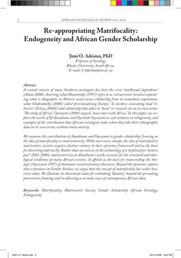 Re-Appropriating Matrifocality: Endogeneity and African Gender Scholarship