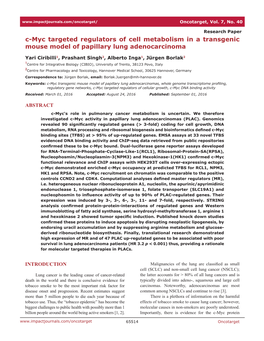 C-Myc Targeted Regulators of Cell Metabolism in a Transgenic Mouse Model of Papillary Lung Adenocarcinoma