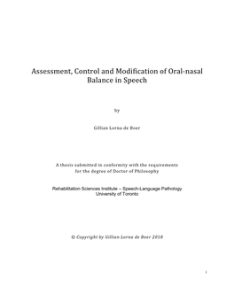 Sessment, Control and Modification of Oral-Nasal Balance in Speechthesis